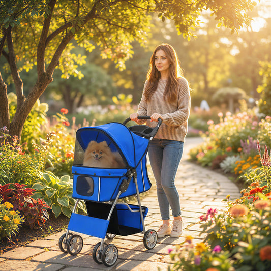 PawHut Dog Pram, Pet Stroller with Reflective Strips, Foldable Cat Stroller with 360Â° Swivel Wheels, Blue