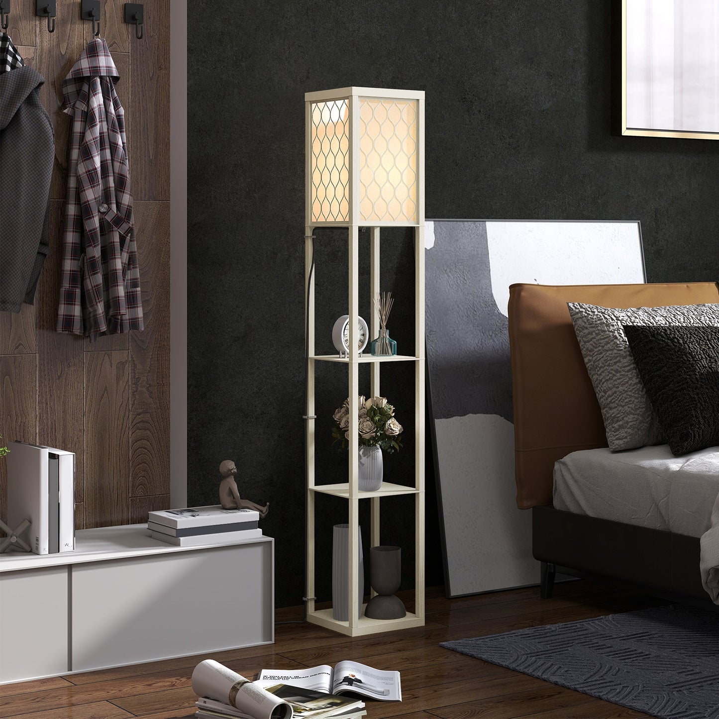 HOMCOM Three-Shelf Standing Lamp - Oak/White
