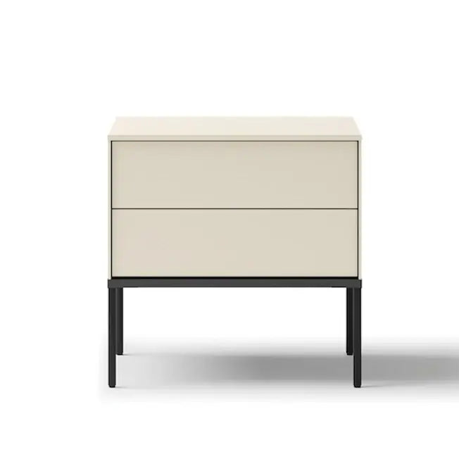 Beige nightstand with black legs on a white background