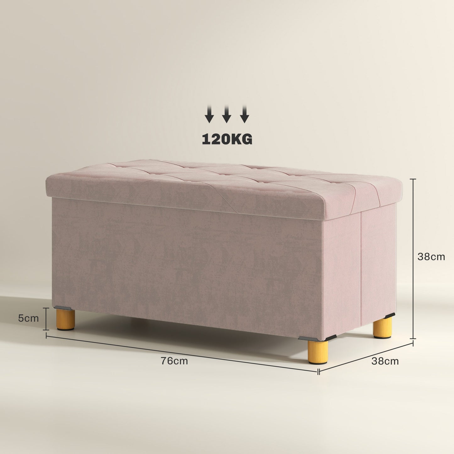 HOMCOM Velvet Upholstered Foldable Ottoman Footrest, Storage Ottoman Bench with Wood Legs for Living Room, Pink