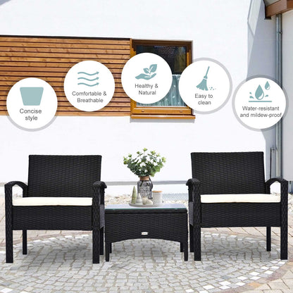 طقم أريكة وطاولة وكراسي وبسترو من مجموعة Outsunny Rattan Garden Furniture مكون من مقعدين وطاولة وكراسي صغيرة من نسيج الخيزران للفناء الخارجي والحديقة الشتوية باللون الأسود الفولاذي