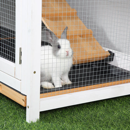 PawHut Rabbit Hutch Guinea Pig Hutch Wooden House with Run, 2 Tier Pet Cage Outdoor with No-leak Plastic Trays, 157.4 x 53 x 93.5cm, Yellow