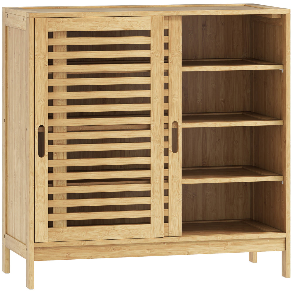 HOMCOM Bamboo Shoe Cabinet with 2 Sliding Slat Doors, 16Pairs, Adjustable Shelves, Natural