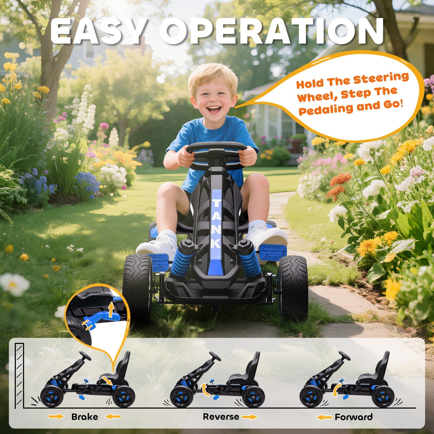 AIYAPLAY Pedal Go Kart for Kids Aged 3-6 Years, with Freewheel System, Brake, EVA Anti-Slip Wheels, Blue