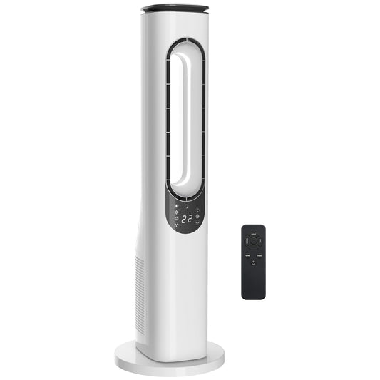 HOMCOM Bladeless Tower Fan for Bedroom, 35dB Standing Cooling Fan with Oscillating, LED Lights, 3 Speeds, 15H Timer, White