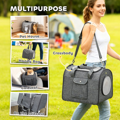 PawHut Soft Sided Cat Carrier Bag, Portable Foldable Pet Carrier with Shoulder Strap & Removable Mat for Small Pet Up to 10kg