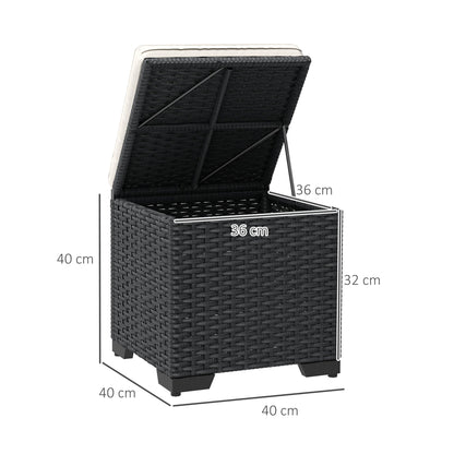 Outsunny Set of 2 Rattan Storage Ottoman, Outdoor Footstool with Removable Cushions, Garden Storage Seat for Balcony, Porch, Living Room, Cream