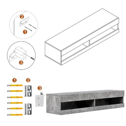 Wall-Mounted Modern TV Stand with LED Lights, Remote-Controlled RGB Lighting, Spacious Storage, 140x40x30.5 cm, Grey