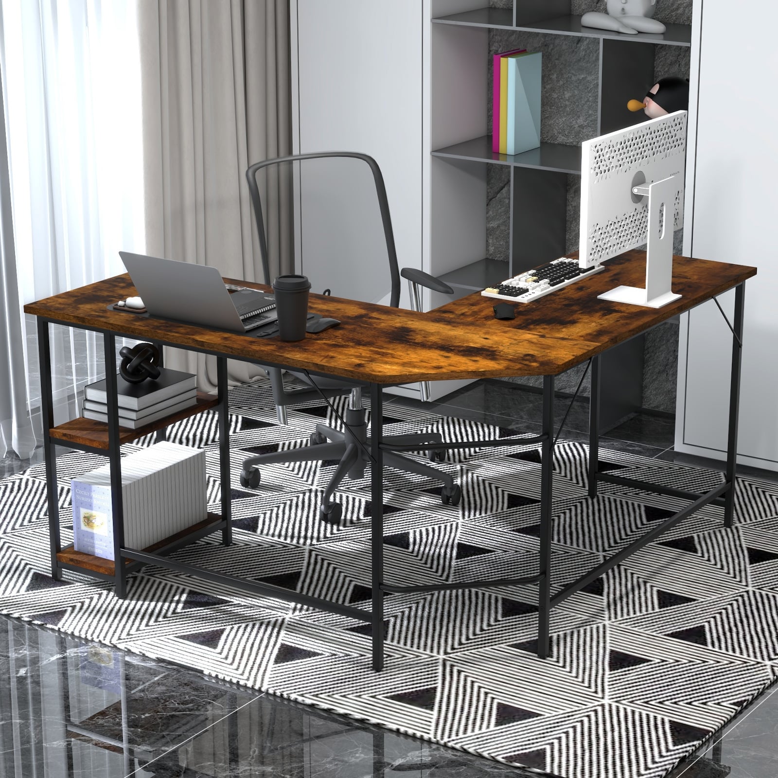 L-Shaped Computer Desk with 2-tier Shelves for Home Office Bedroom-Brown