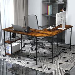 L-Shaped Computer Desk with 2-tier Shelves for Home Office Bedroom-Brown