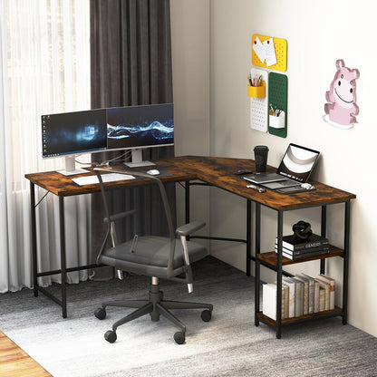 L-Shaped Computer Desk with 2-tier Shelves for Home Office Bedroom-Brown