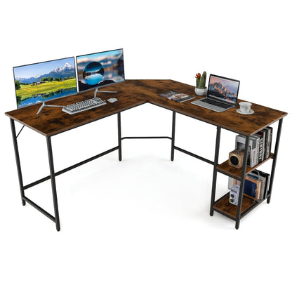 L-Shaped Computer Desk with 2-tier Shelves for Home Office Bedroom-Brown