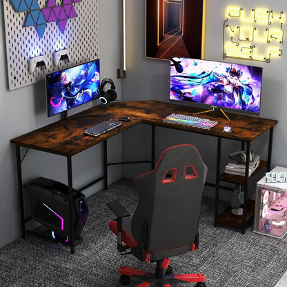 L-Shaped Computer Desk with 2-tier Shelves for Home Office Bedroom-Brown