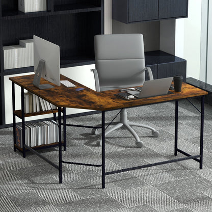 L-Shaped Computer Desk with 2-tier Shelves for Home Office Bedroom-Brown