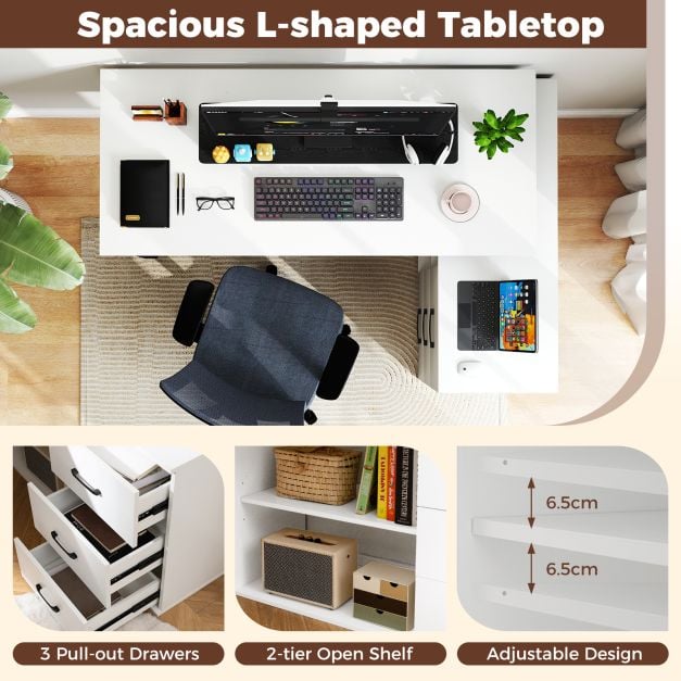 L Shaped Computer Desk Corner Executive Desk with 3 Drawers