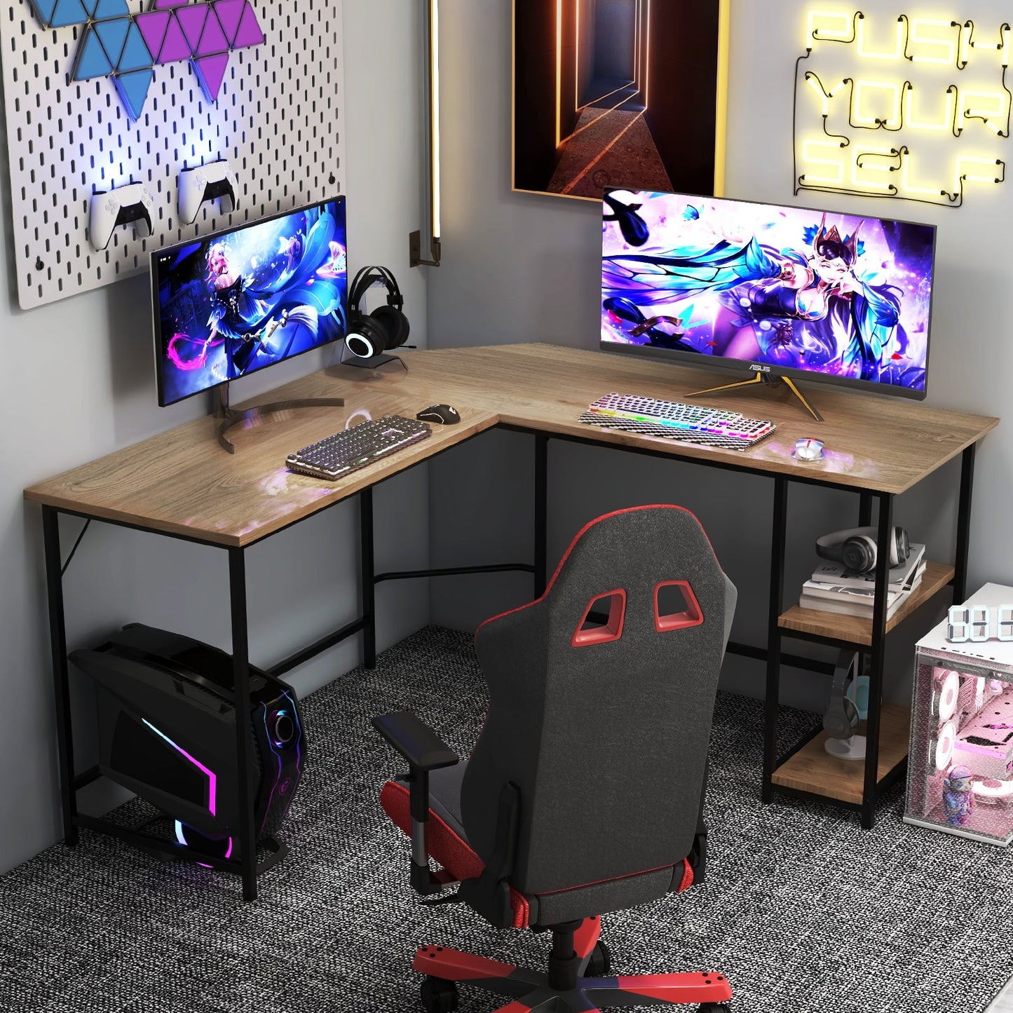 L-Shaped Computer Desk with 2-tier Shelves for Home Office Bedroom-Natural