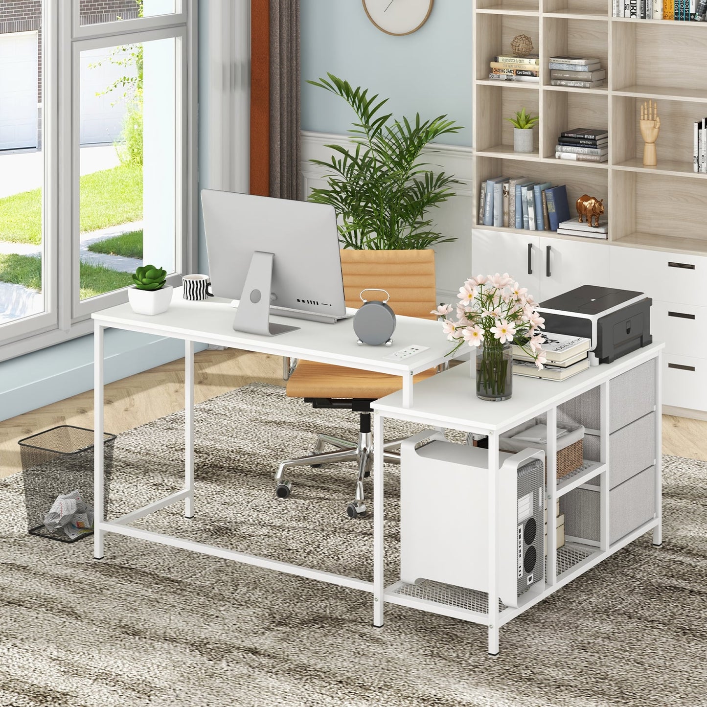 L-Shaped Computer Desk with Drawers Shelves and Charging Station-White