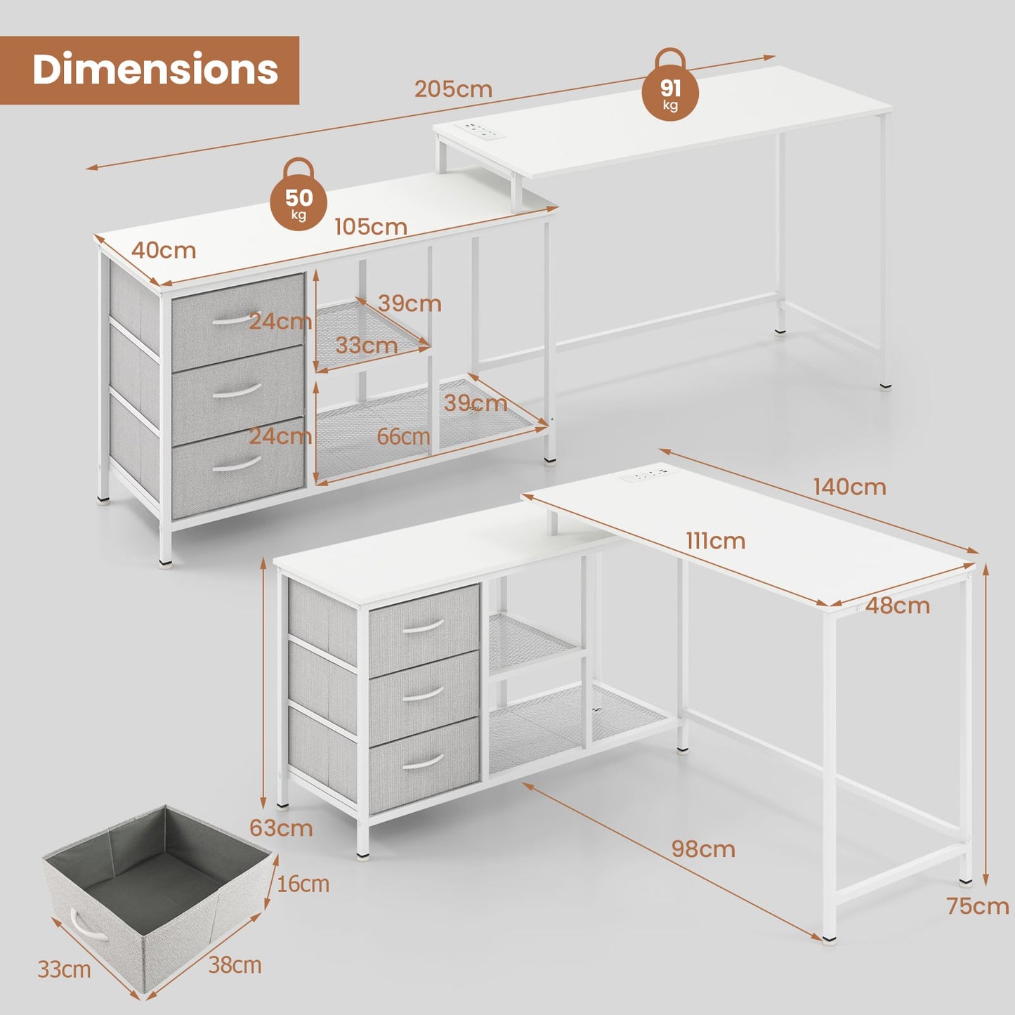 L-Shaped Computer Desk with Drawers Shelves and Charging Station-White