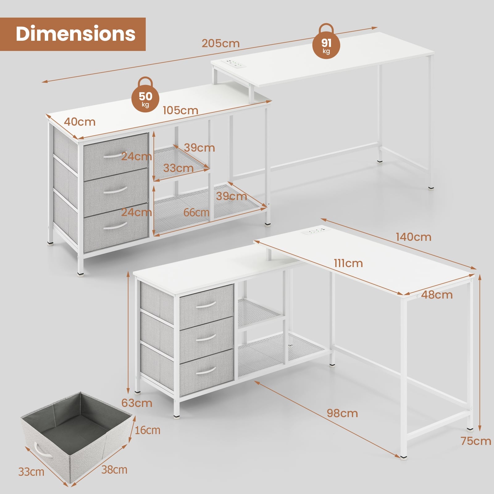L-Shaped Computer Desk with Drawers Shelves and Charging Station-White