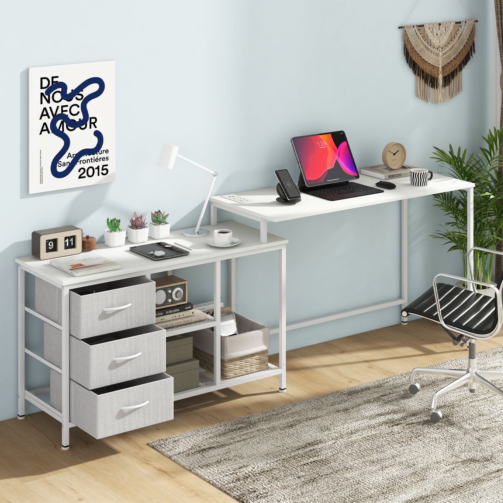 L-Shaped Computer Desk with Drawers Shelves and Charging Station-White