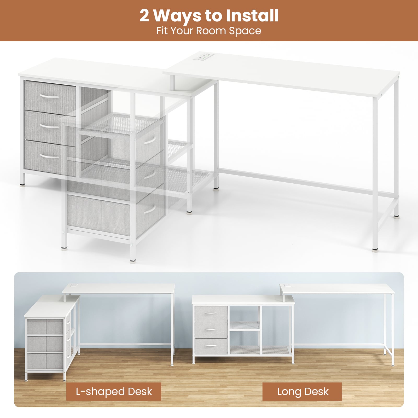L-Shaped Computer Desk with Drawers Shelves and Charging Station-White