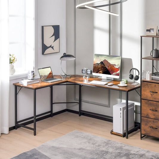 L-Shaped Desk with Power Outlet CPU Stand and Heavy-duty Metal Frame-Rustic Brown