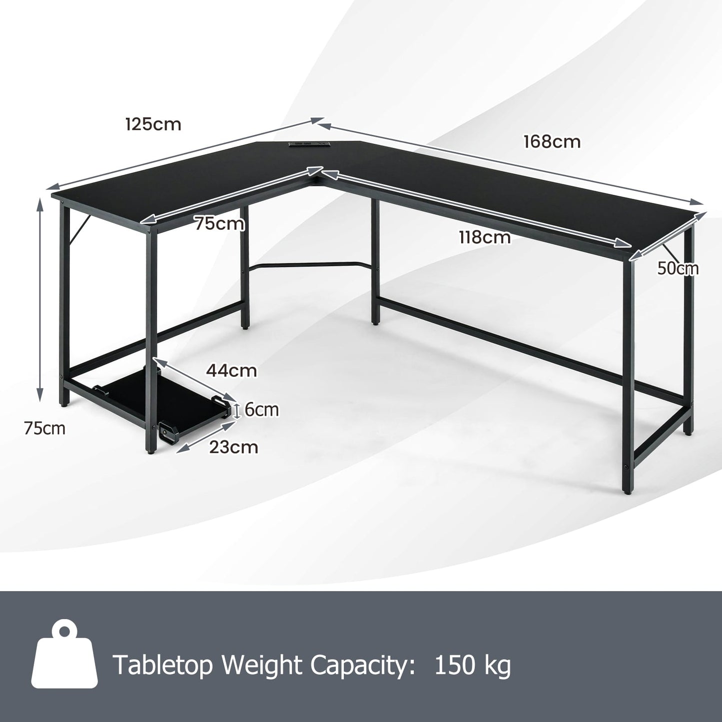 L-Shaped Desk with Power Outlet CPU Stand and Heavy-duty Metal Frame-Black