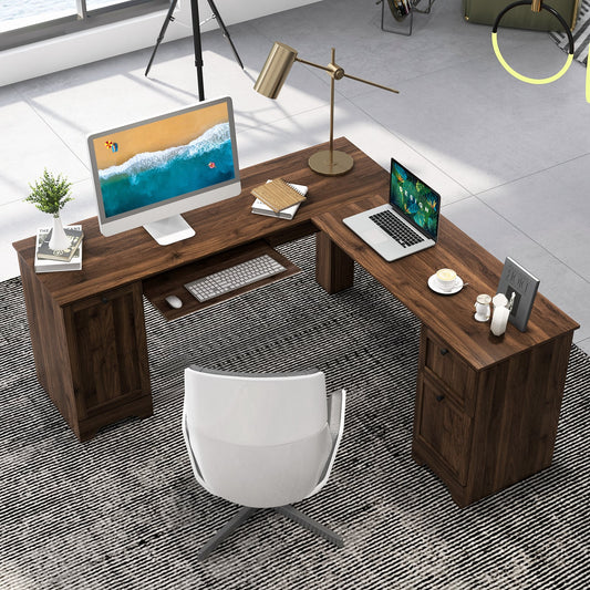 L-Shaped Corner Computer Desk with Drawers and Keyboard Tray-Walnut