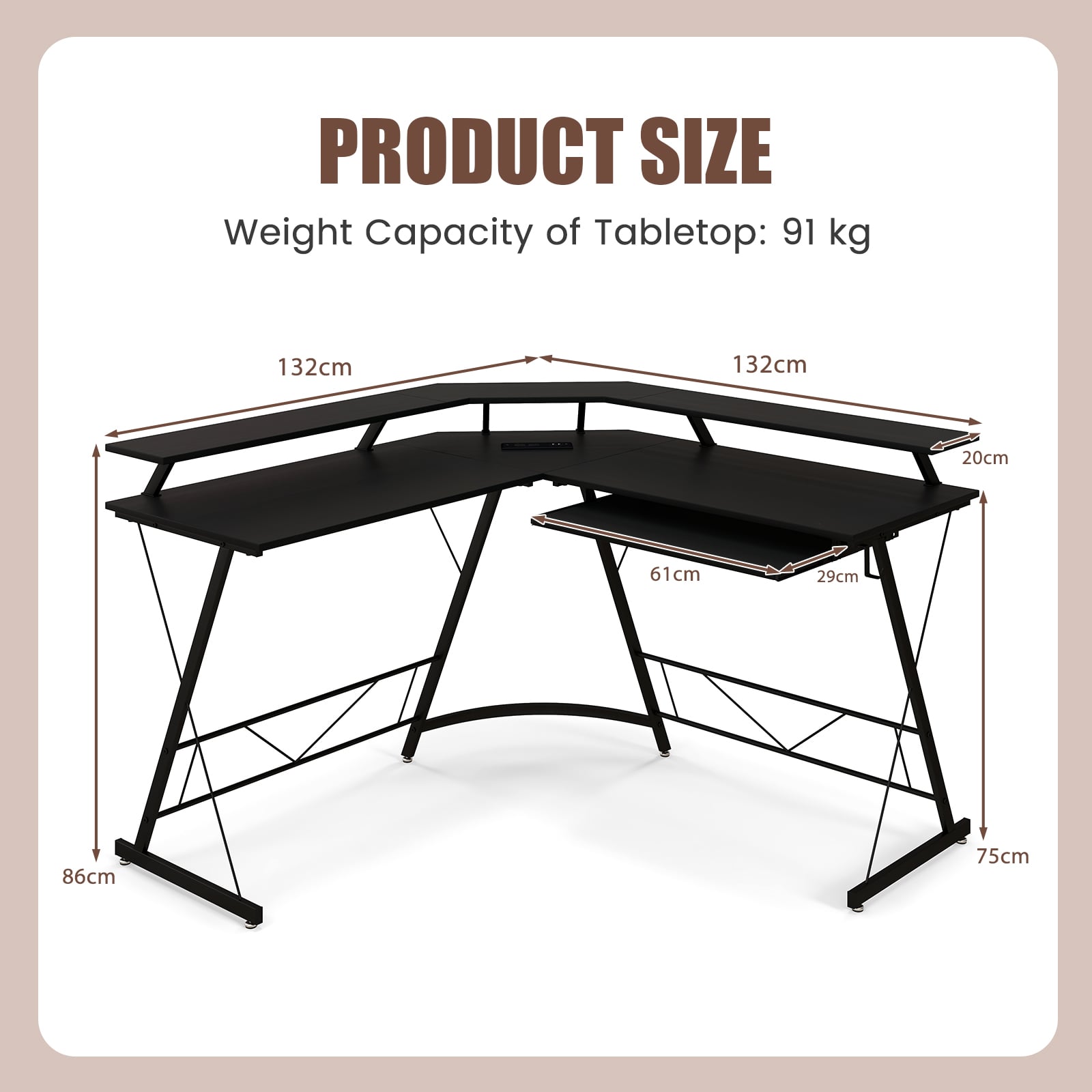L-shaped Computer Desk with Power Outlet and Monitor Stand-Black