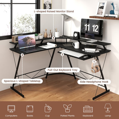 L-shaped Computer Desk with Power Outlet and Monitor Stand-Black