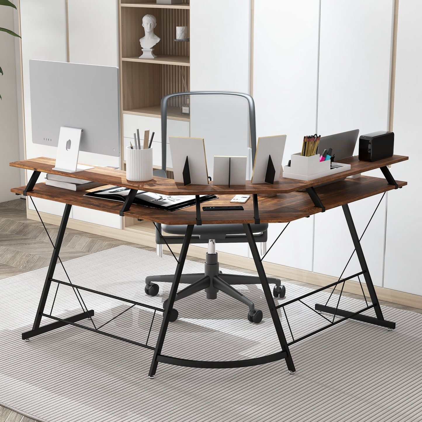L-shaped Computer Desk with Power Outlet and Monitor Stand-Rustic Brown