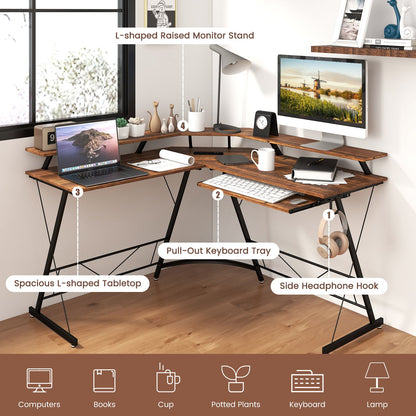 L-shaped Computer Desk with Power Outlet and Monitor Stand-Rustic Brown
