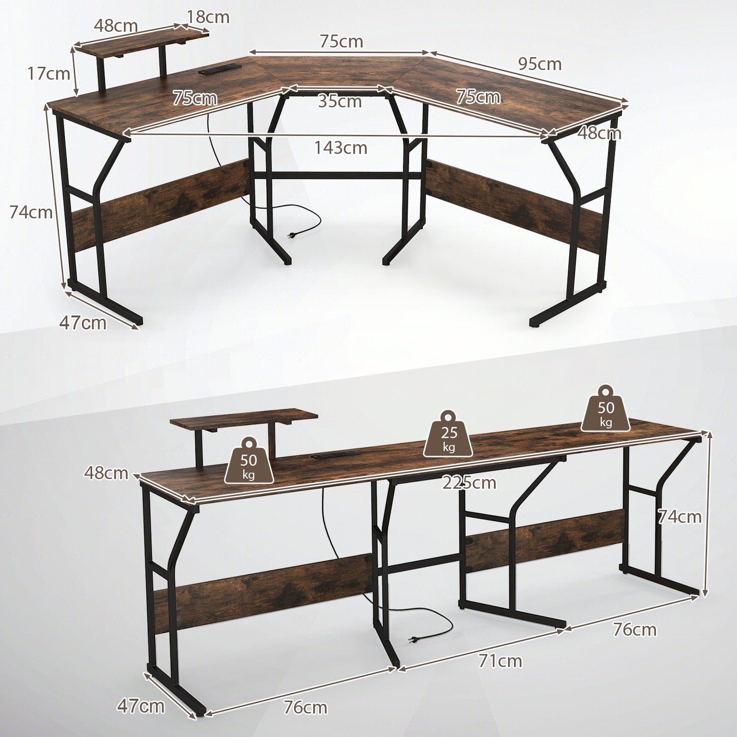 L-shaped Desk Corner Computer Desk with Movable Monitor Stand-Rustic Brown