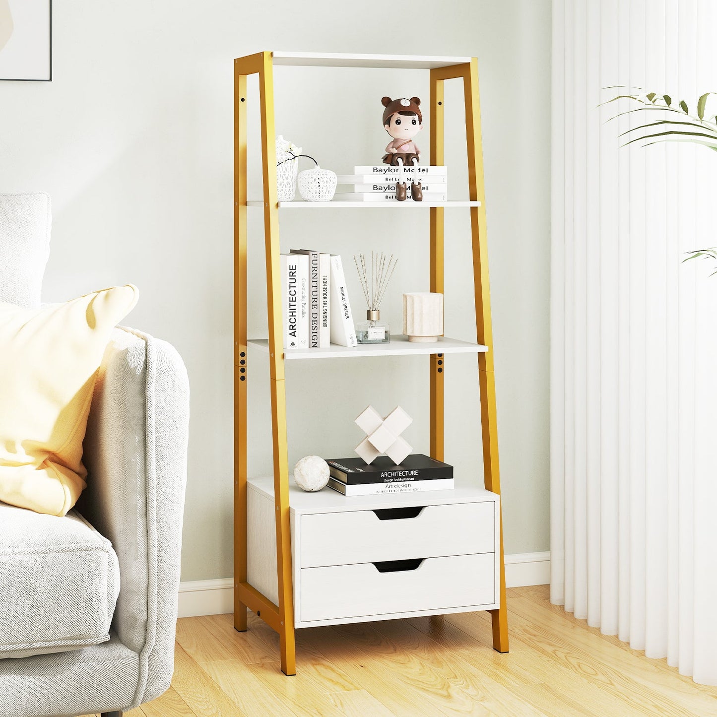 Ladder Bookshelf Tall Freestanding Display Rack with Storage-White