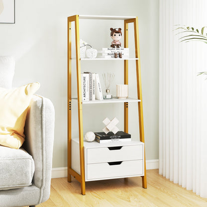 Ladder Bookshelf Tall Freestanding Display Rack with Storage-White