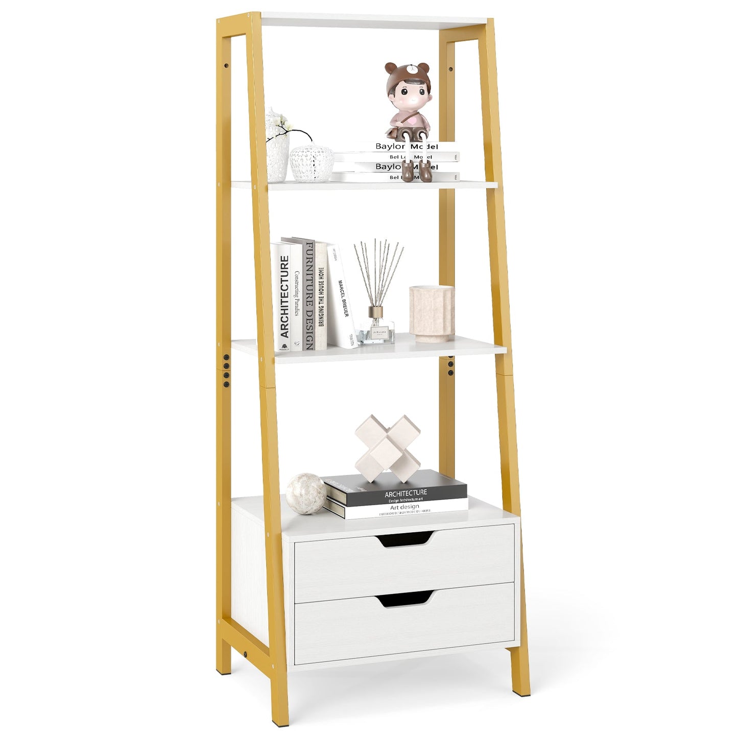 Ladder Bookshelf Tall Freestanding Display Rack with Storage-White