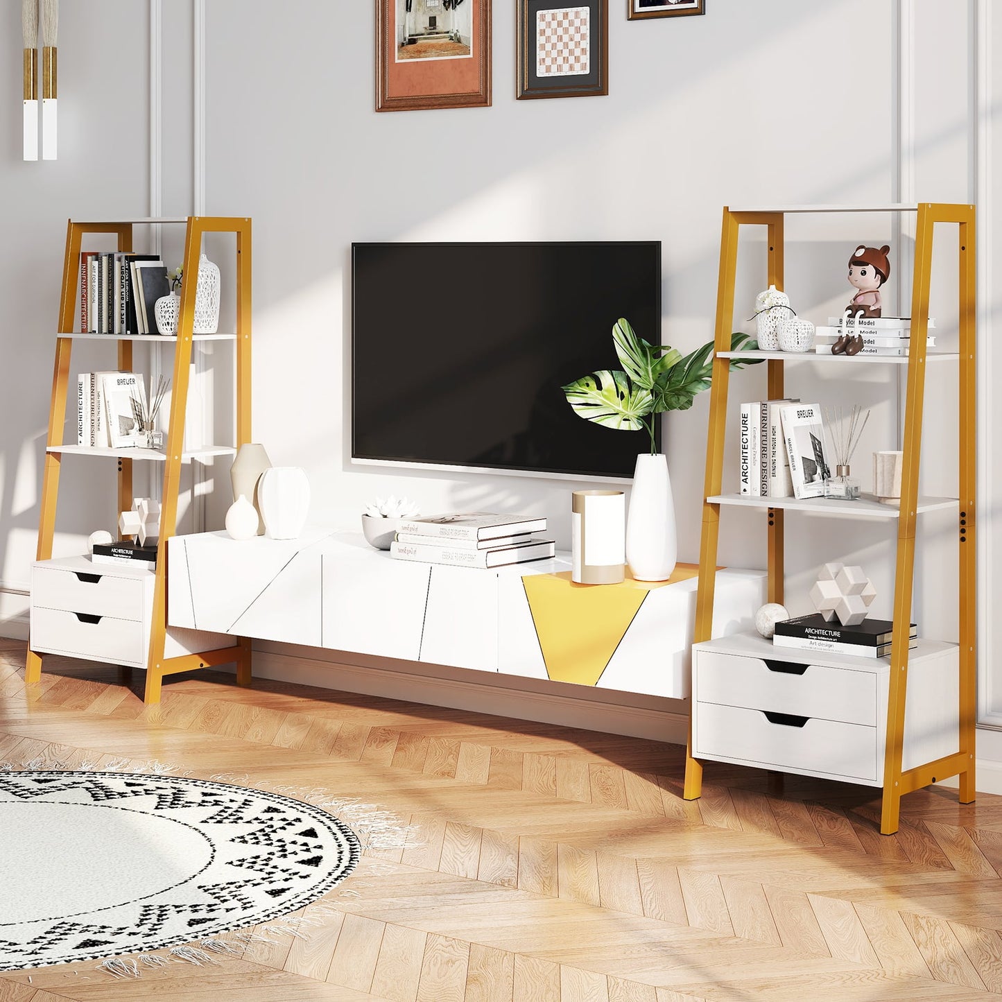 Ladder Bookshelf Tall Freestanding Display Rack with Storage-White