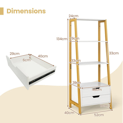 Ladder Bookshelf Tall Freestanding Display Rack with Storage-White