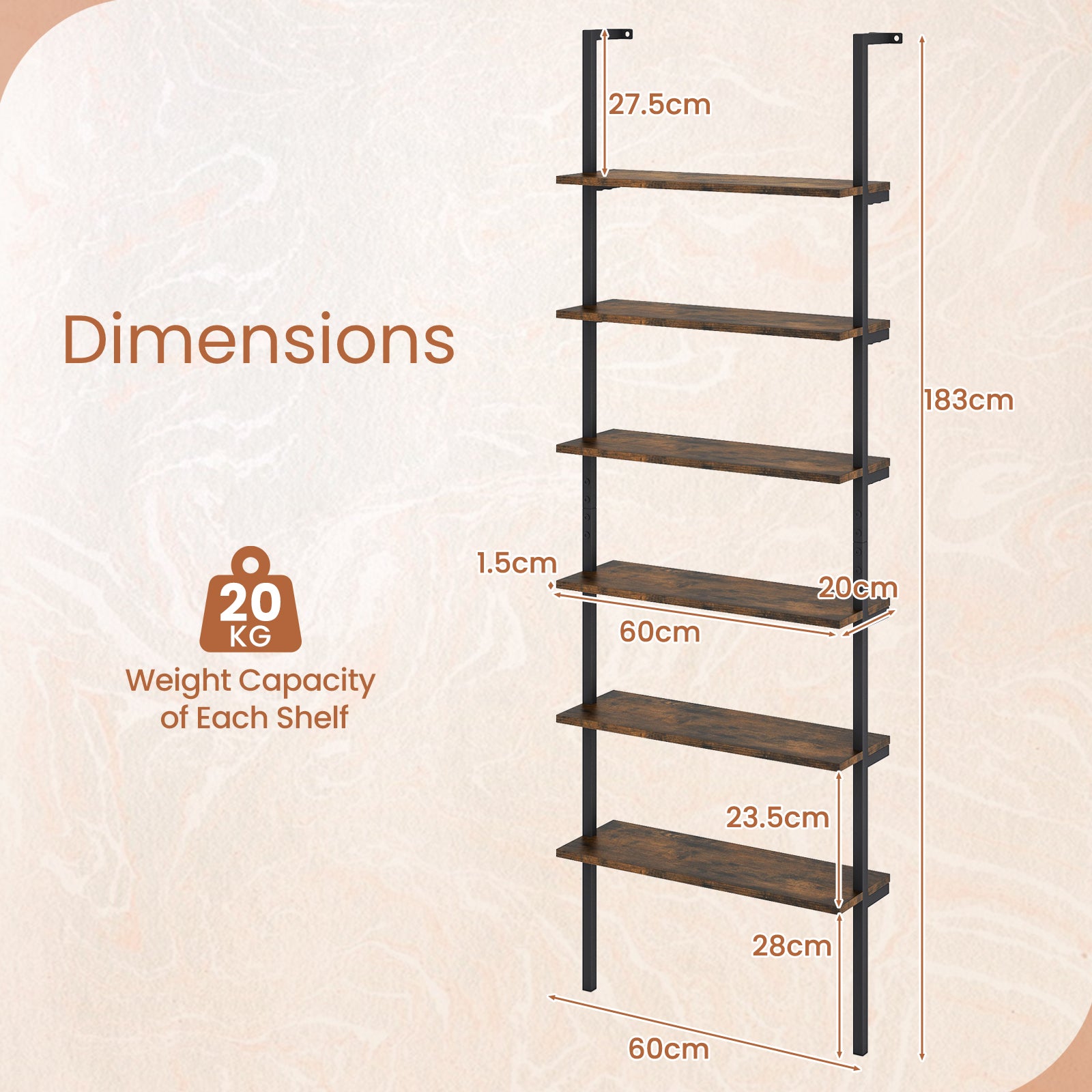 6-Tier Ladder Shelf Wall Mounted Bookshelf with Metal Frame-Rustic Brown