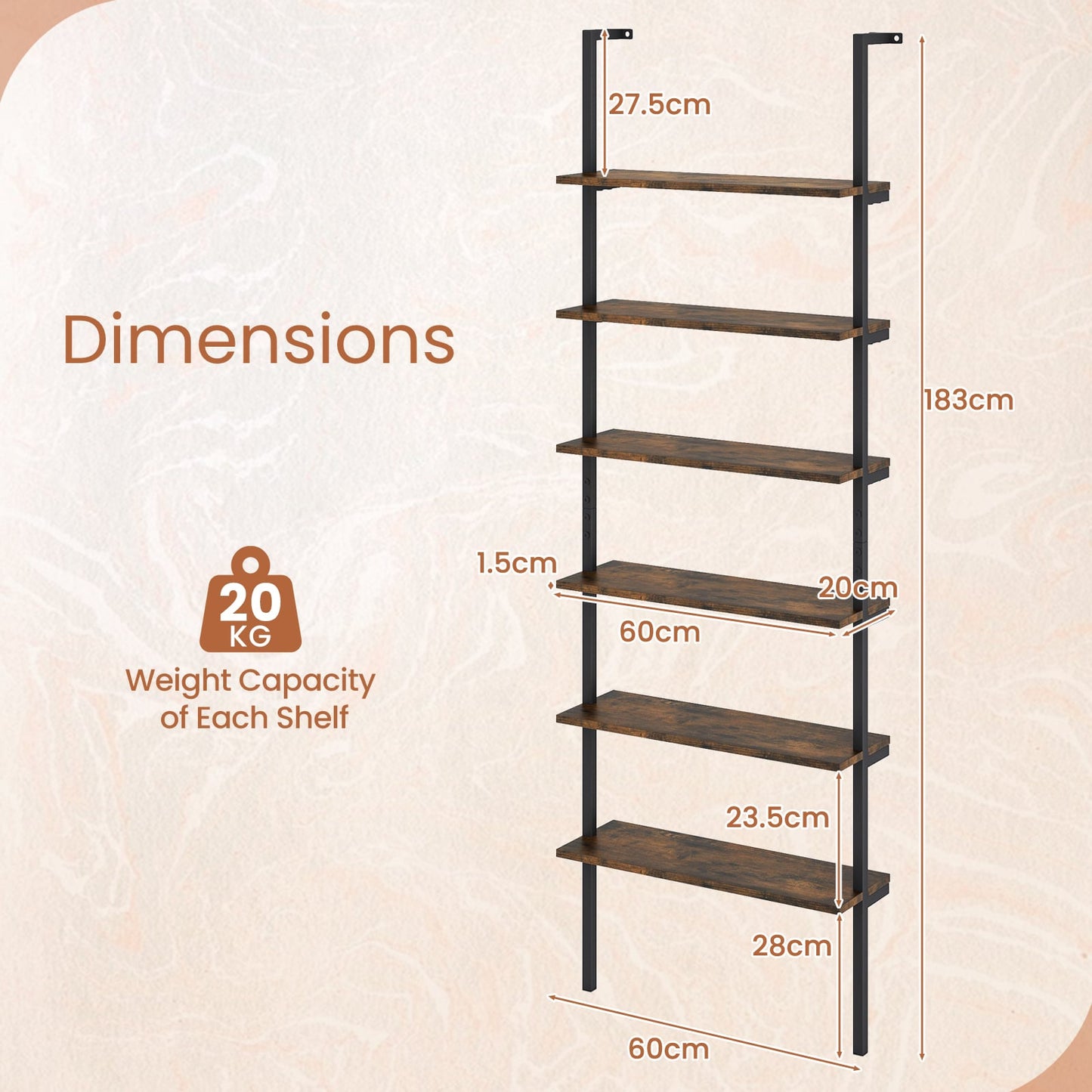 6-Tier Ladder Shelf Wall Mounted Bookshelf with Metal Frame-Rustic Brown