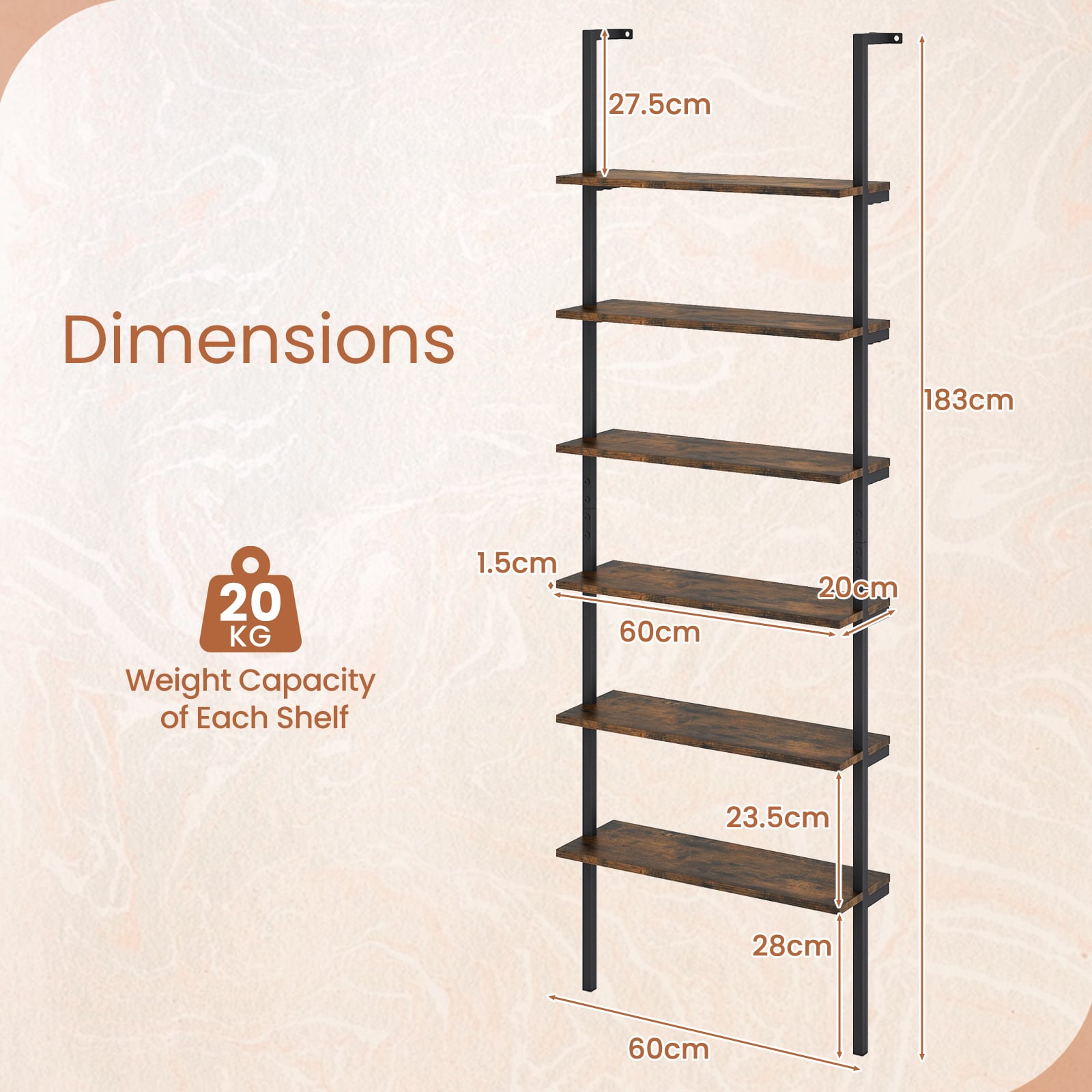 6-Tier Ladder Shelf Wall Mounted Bookshelf with Metal Frame-Rustic Brown