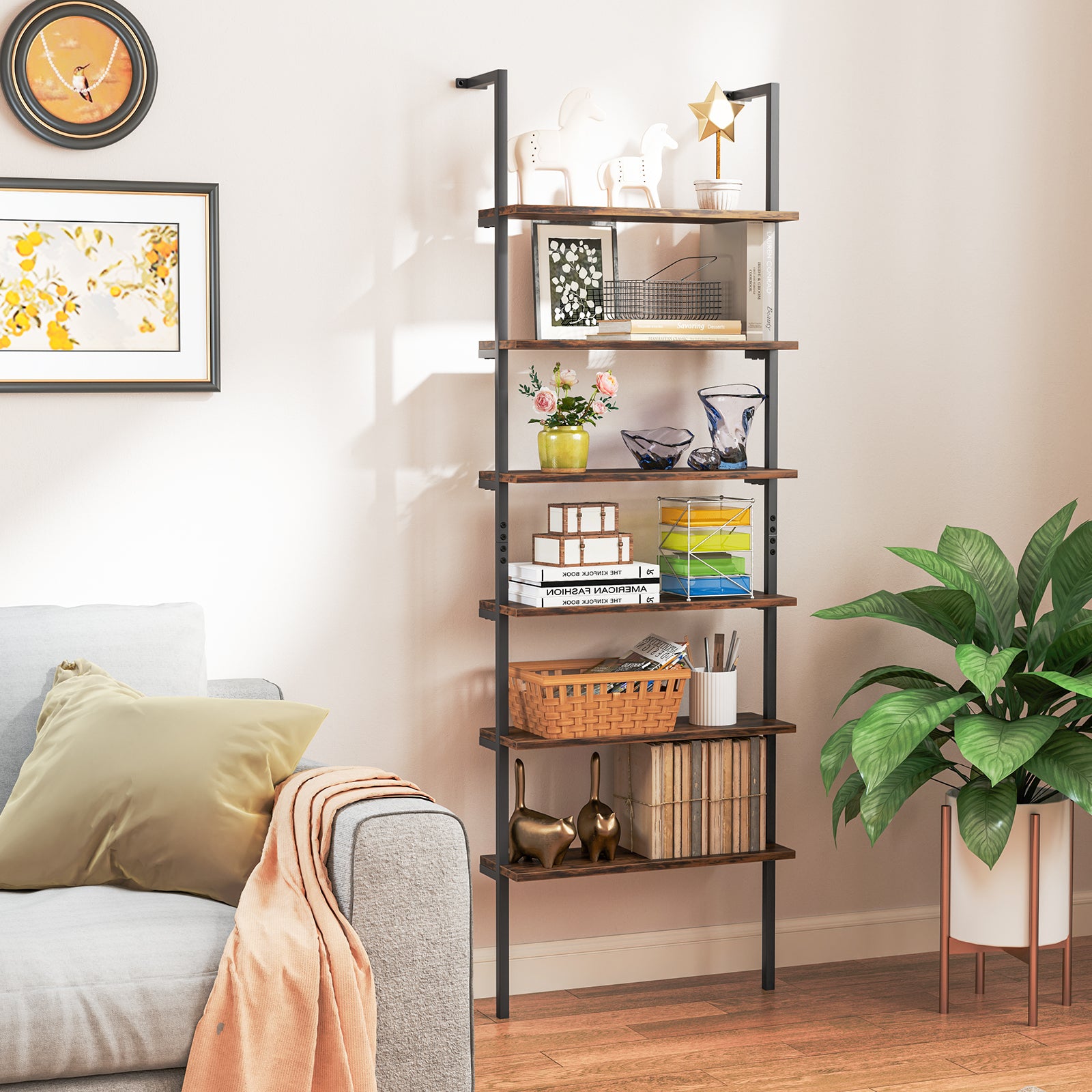 6-Tier Ladder Shelf Wall Mounted Bookshelf with Metal Frame-Rustic Brown