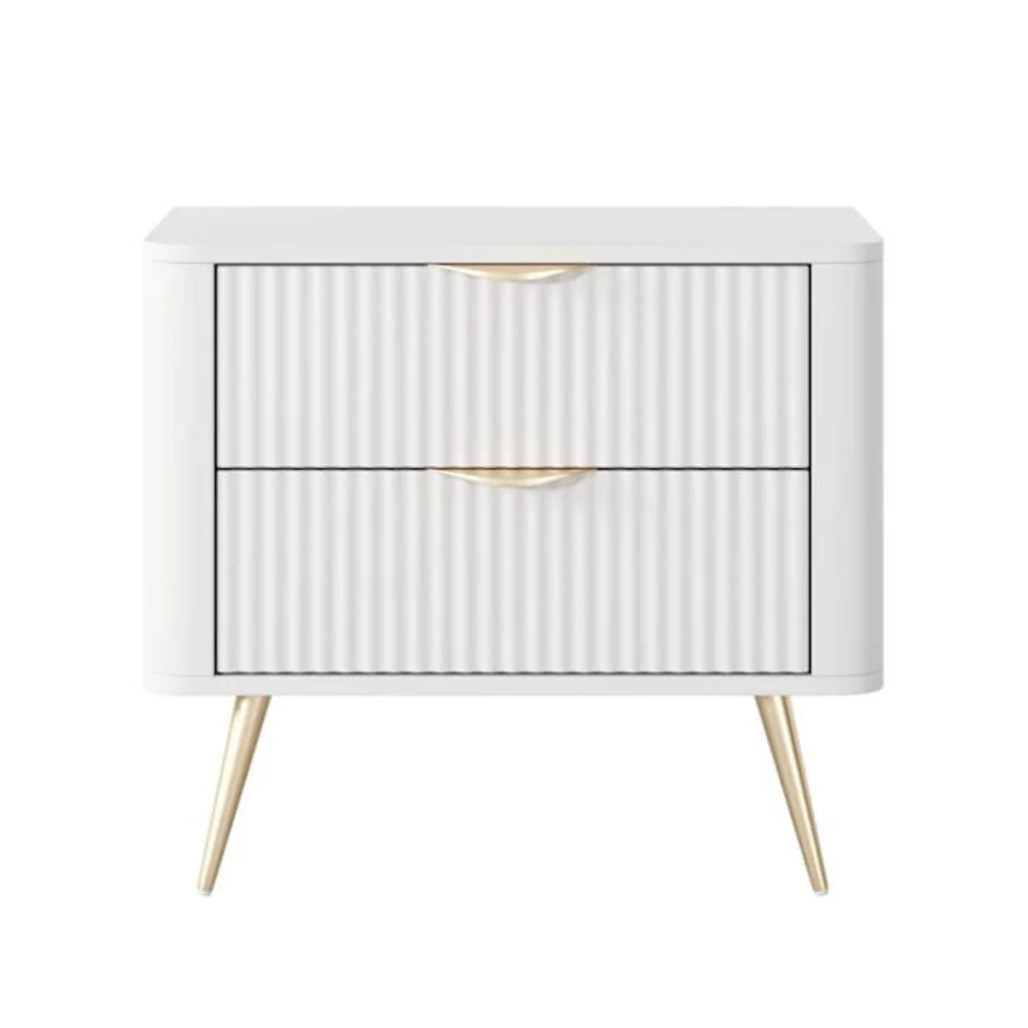 White side table with gold legs on a white background
