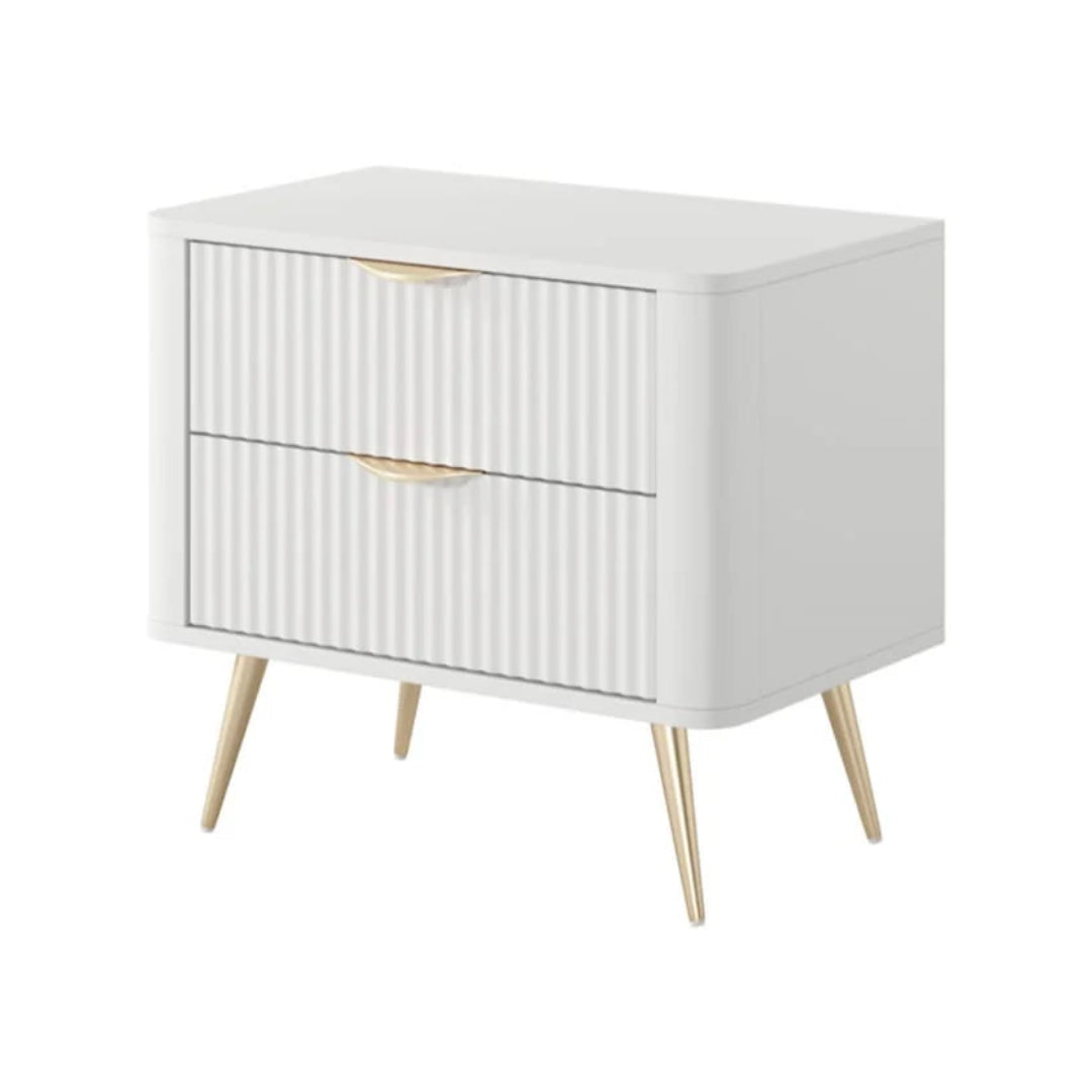 White side table with gold accents on a white background