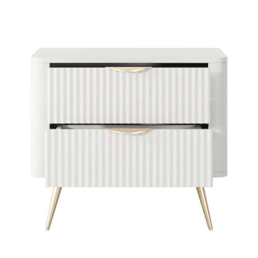 White cabinet with gold legs on a white background