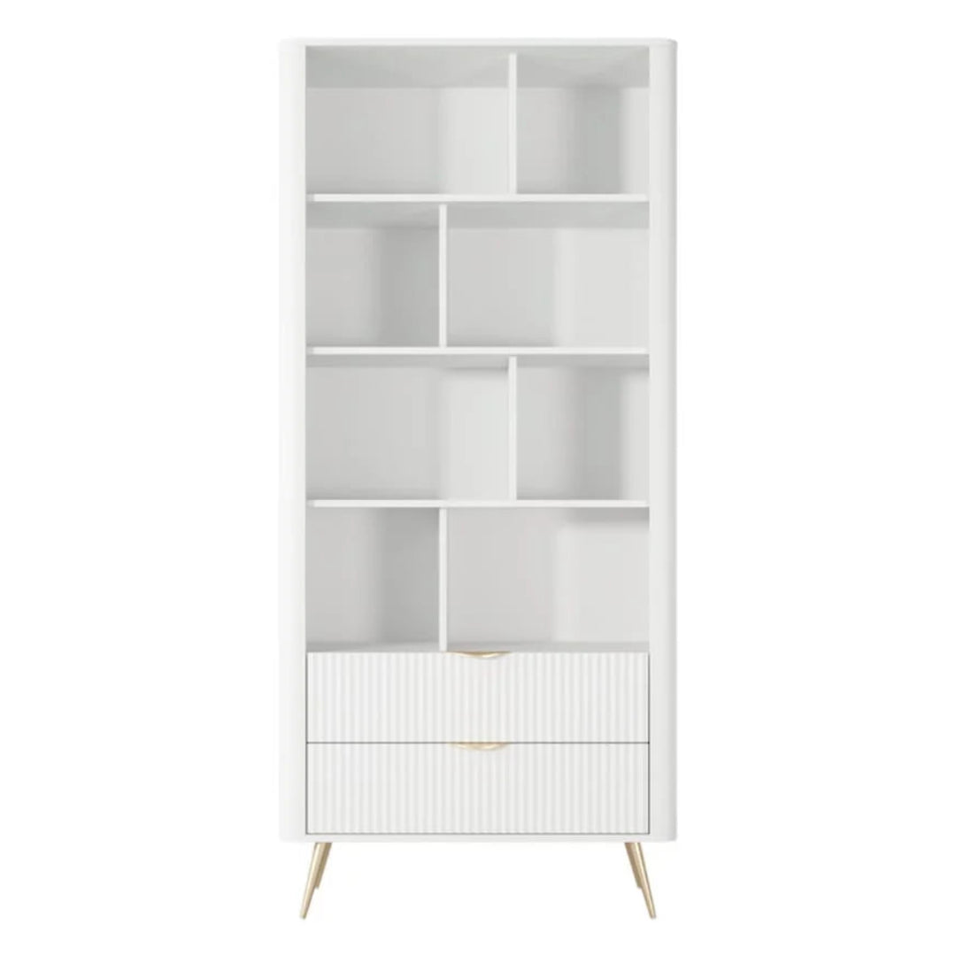 White bookshelf with multiple shelves and a drawer on a white background
