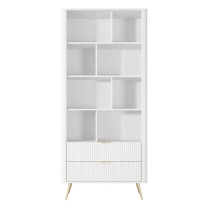 White bookshelf with multiple shelves and a drawer on a white background