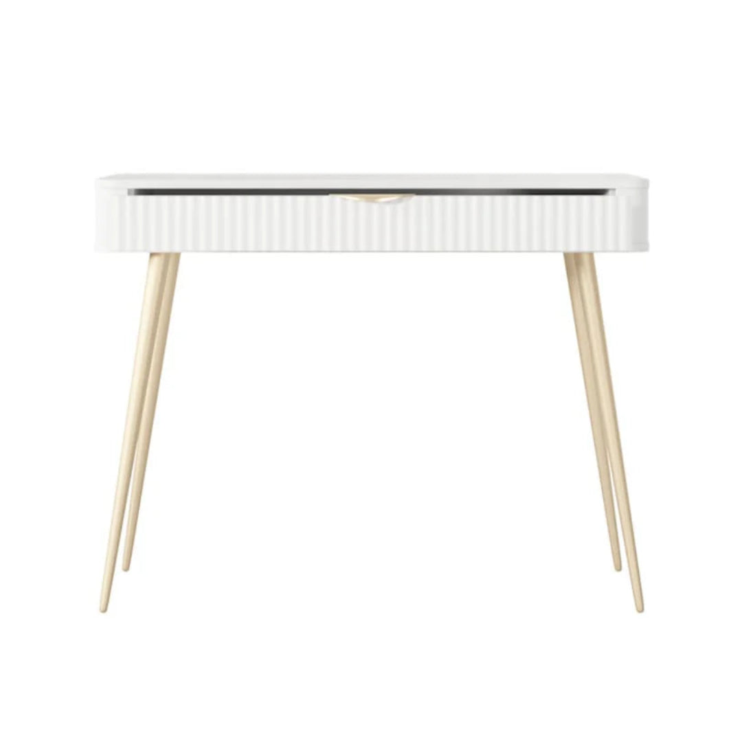 White console table with wooden legs on a white background