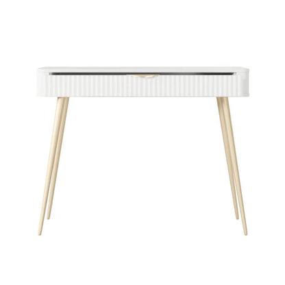 White console table with wooden legs on a white background