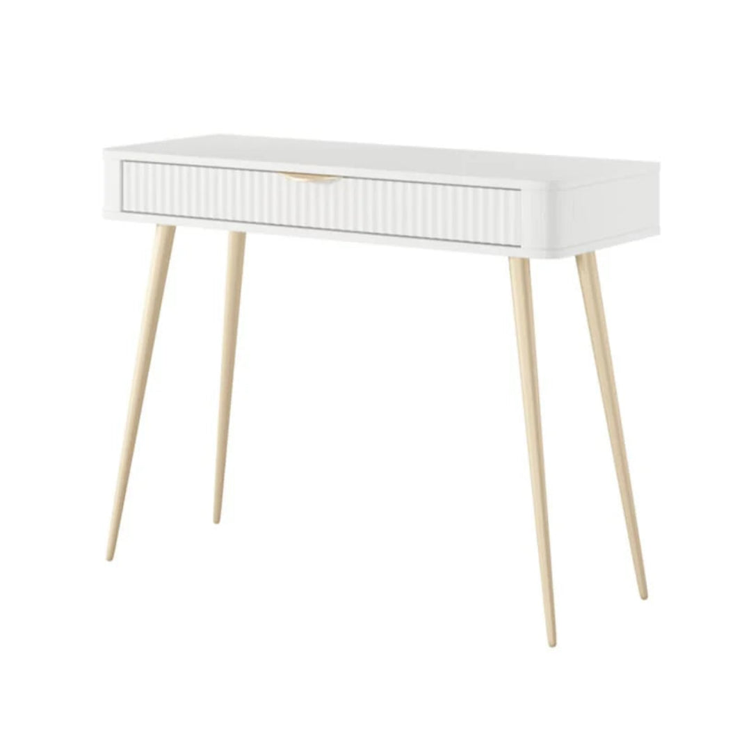 White desk with light wood legs on a white background